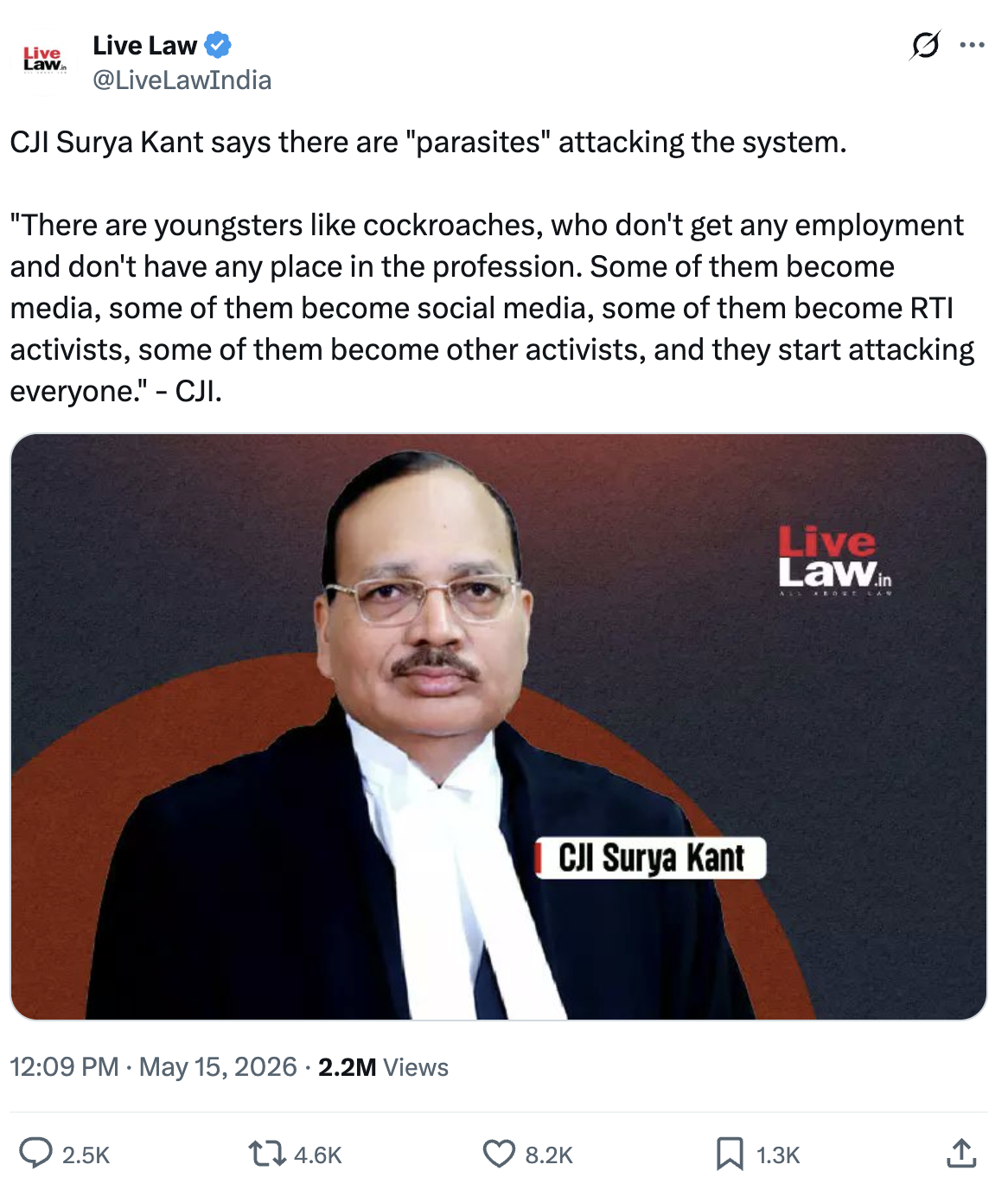 CJI Surya Kant's cockroach remark, news coverage