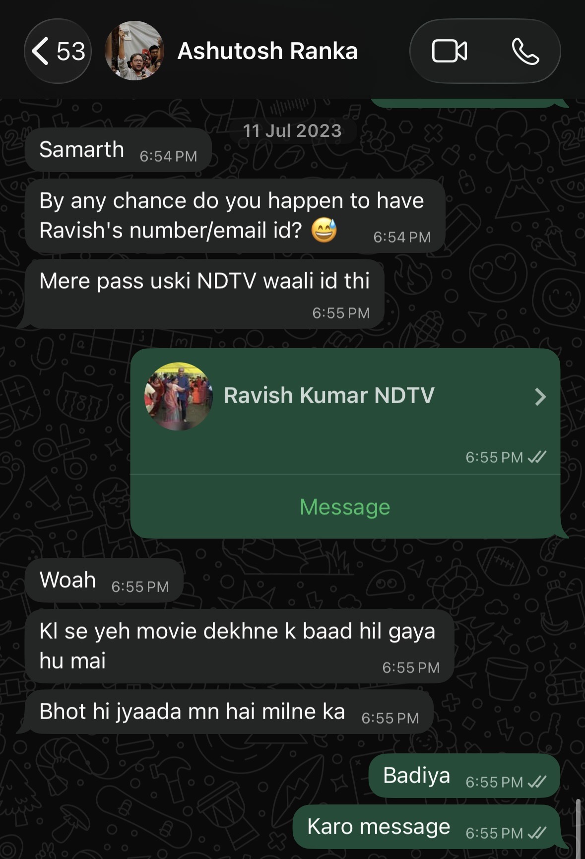 WhatsApp conversation asking for Ravish Kumar's contact